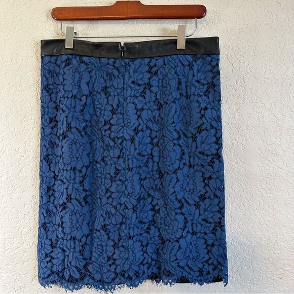 Brixon Ivy Blue Black Lace Overlay PU Trim Lined Rayon Blend Pencil Skirt Medium - Picture 8 of 12